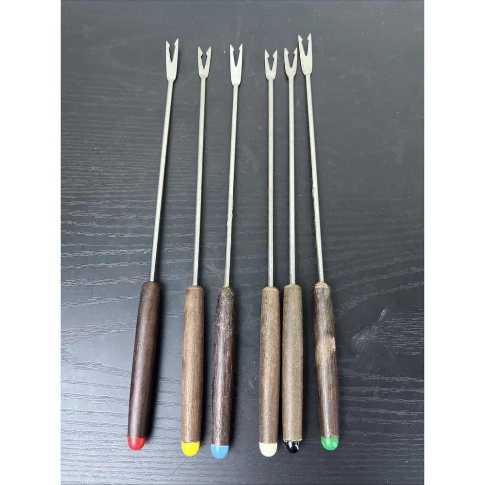 Vintage Fondue Forks Set of 6 Wood Handle Stainless Mid‎ Century Modern